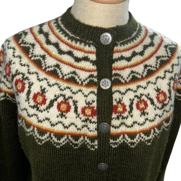 Fair Isle Norwegian Design pewter stamped buttons green gold orange cardigan M - Picture 3 of 6